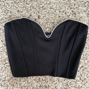 Zara Black Corset Style Top with Rhinestone Detail at Neckline